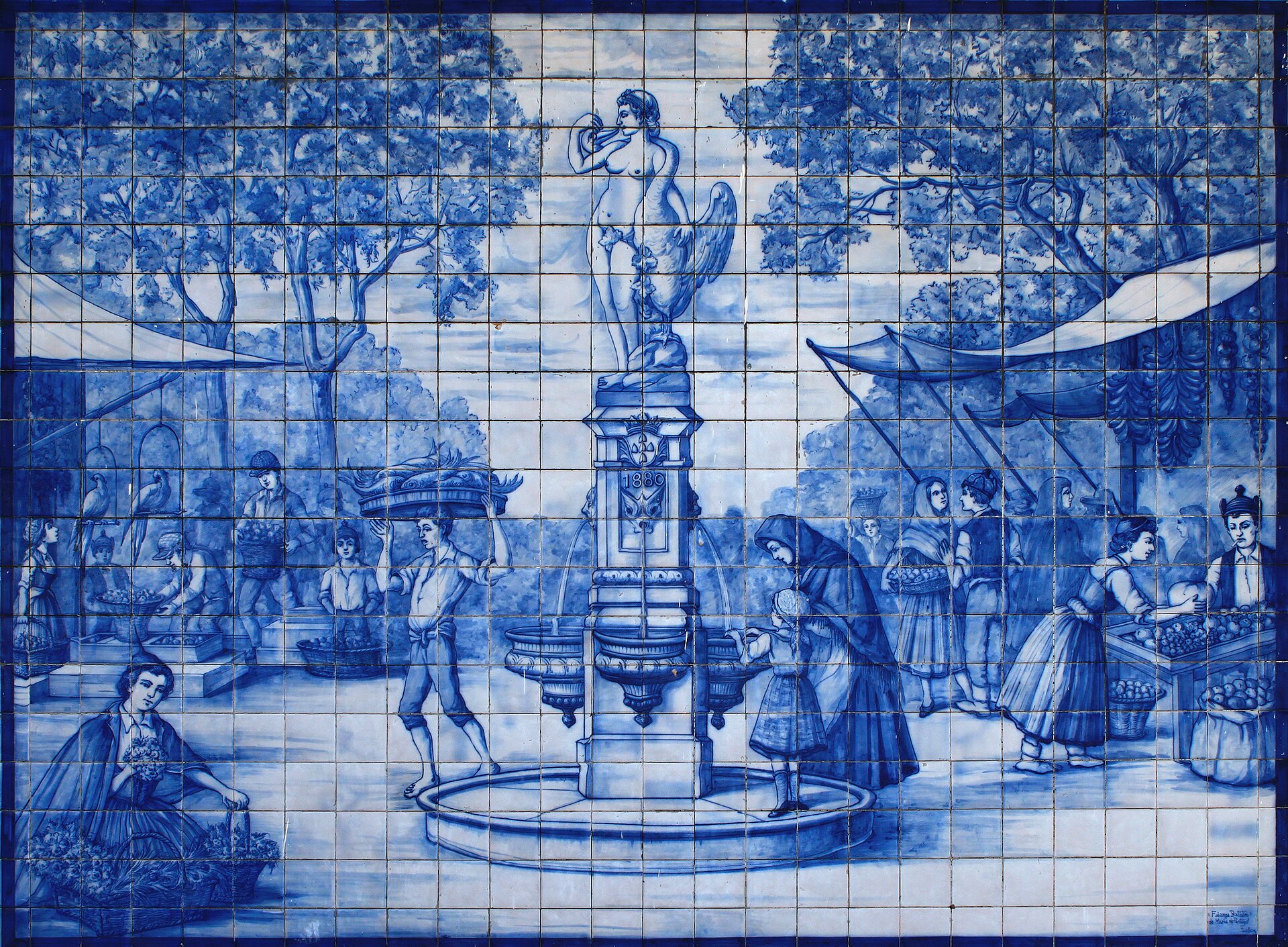 Azulejo Mercado Municipal Funchal.JPG Ceramic tiles (Azulejo) with a market scene at the wall of the Mercado dos Lavradores, Funchal, Madeira, Portugal