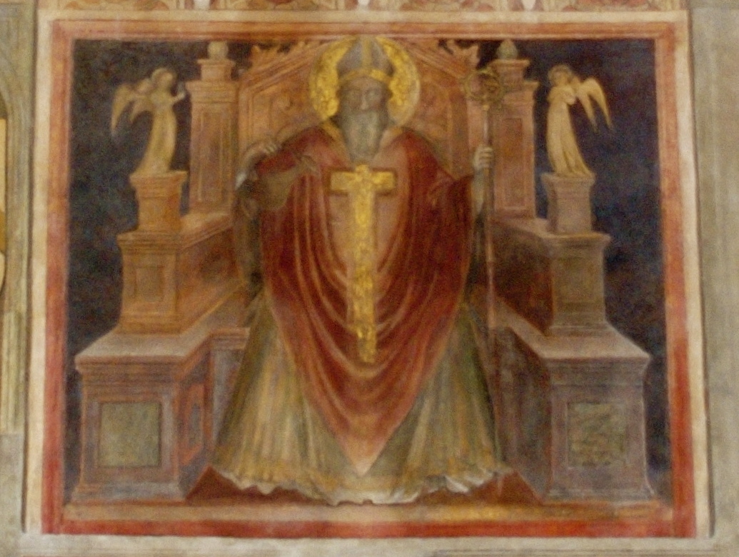 Palazzo della Ragione, affresco San Prosdocimo (Padua).JPG Padua, Palazzo della Ragione, interior: the fresco of Saint Prosdocimus, the first bishop of Diocese of Padua.