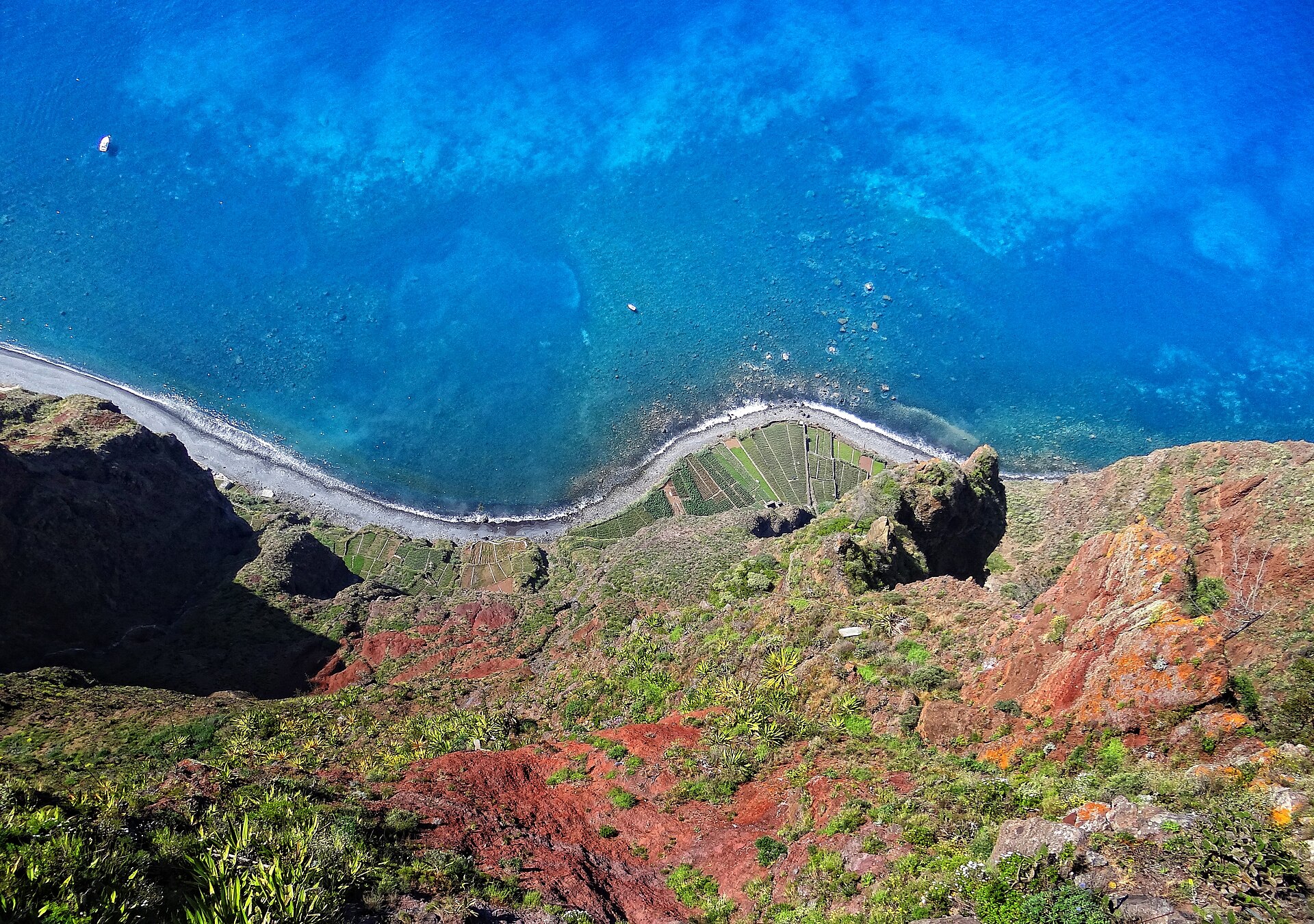 Base of Cabo Girao from viewpoint 2013.JPG The view straight down from the glass-floored viewing platform at the top of cliff at Cabo Girão on Madeira, Portugal.