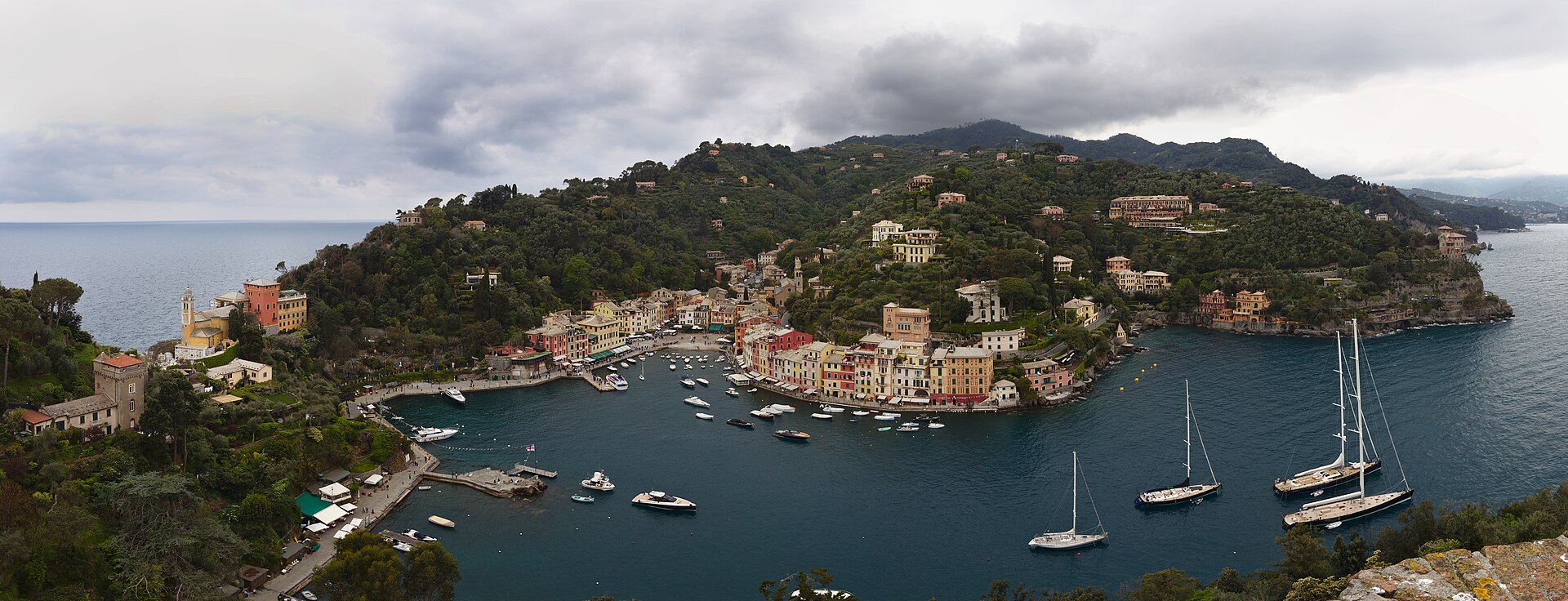 20190502 Portofino Panorama zm.jpg Panoramic view of Portofino and its harbor from Castle. church San Giorgio and hills up to Monte di Portofino.