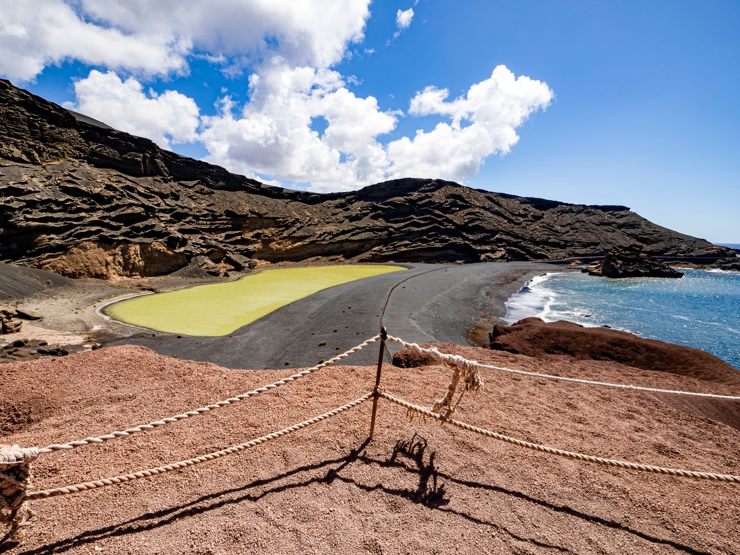 Impresionante vista de la laguna verde de El Golfo y la playa de arena negra en Lanzarote, con un paisaje volcánico único.