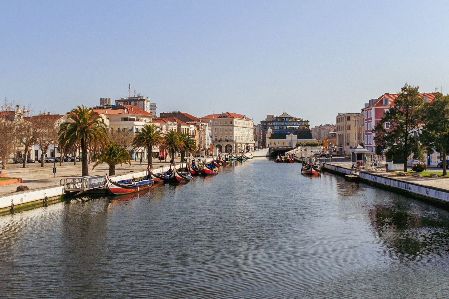 Encantadora vista del canal central de Aveiro con coloridos moliceiros y arquitectura clásica a lo largo de la costa.