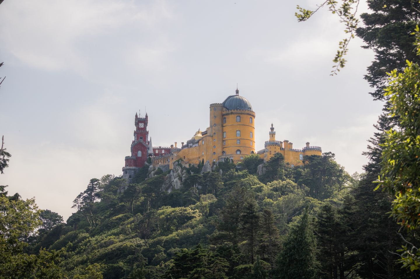 Impresionantes vistas del Palacio da Pena, Sintra, Lisboa, rodeado de exuberante vegetación bajo un cielo despejado.